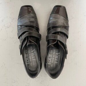 Un Tour en Ville Casual Funky Sgl Strap Patent Leather Shoes Brown Grey Sz 36